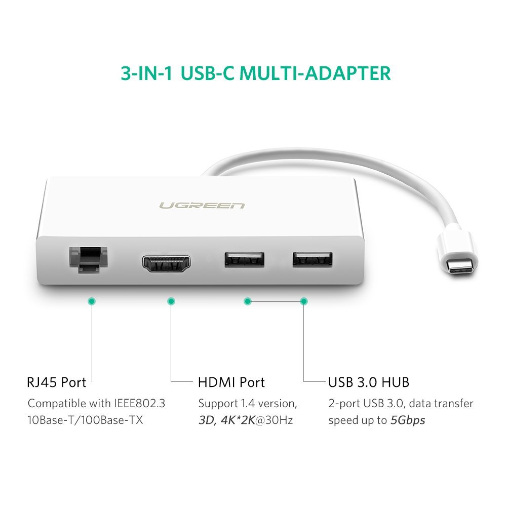 Cáp chuyển đổi USB-C to HDMI+Hub USB + LAN Ugreen  40377